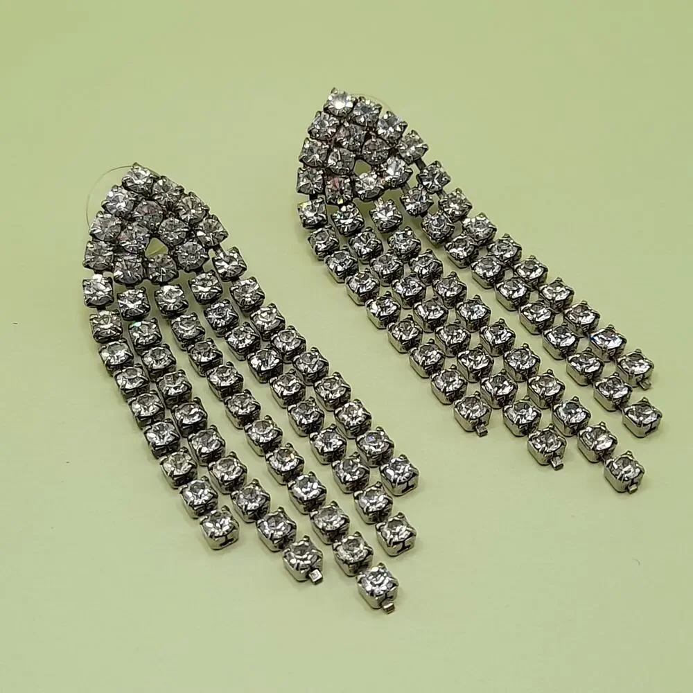 Vintage Clear Rhinestone Fringe Post Earrings, 1980s, 2 1/2 Inches - Picture 6 of 9